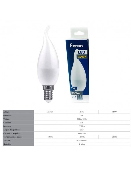 Bombilla Led E14 vela viento 7w 3000K