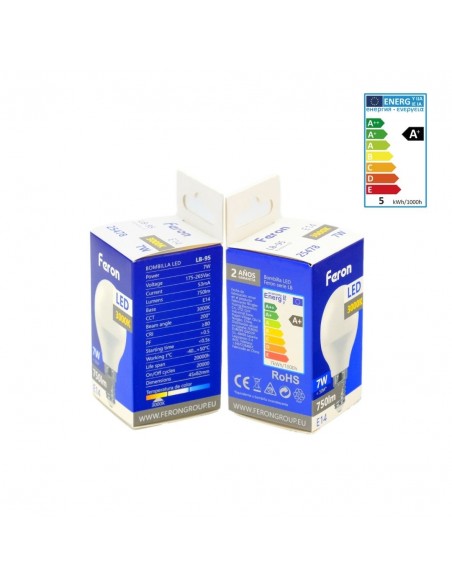 Bombilla dicroica Led E14 globo G45 7w 3000K